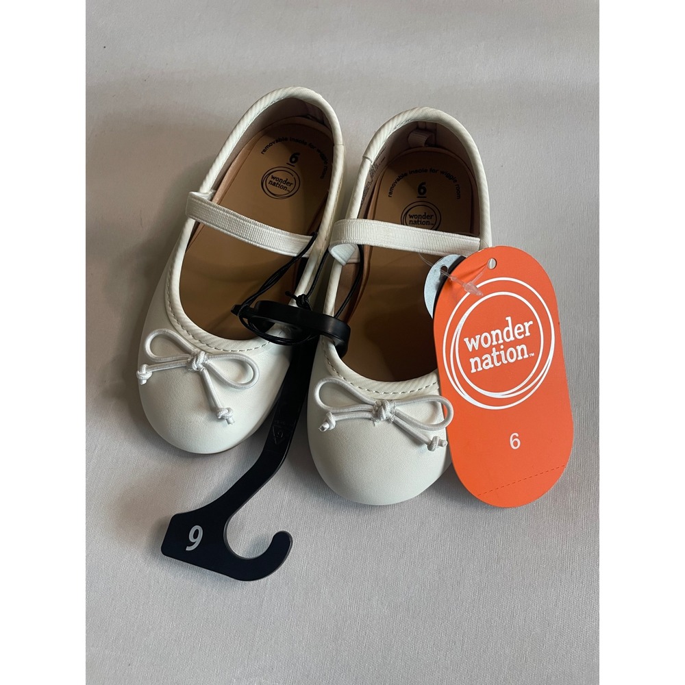 Wonder Nation Toddler Girls White Ballet Flats Bow Elastic Strap Dress Shoes 6